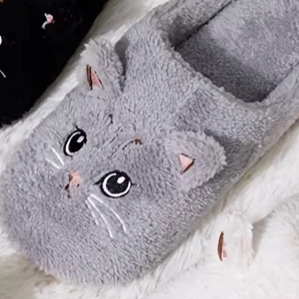 Cozy Gray Cat Slippers for Women